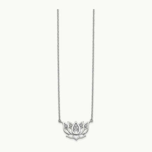 Diamond Lotus Flower 18 inch Necklace, 14K White Gold