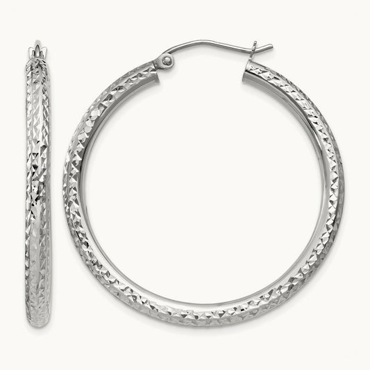 Diamond-cut Round Hoop Earrings — 14K White Gold, 35mm, 3mm