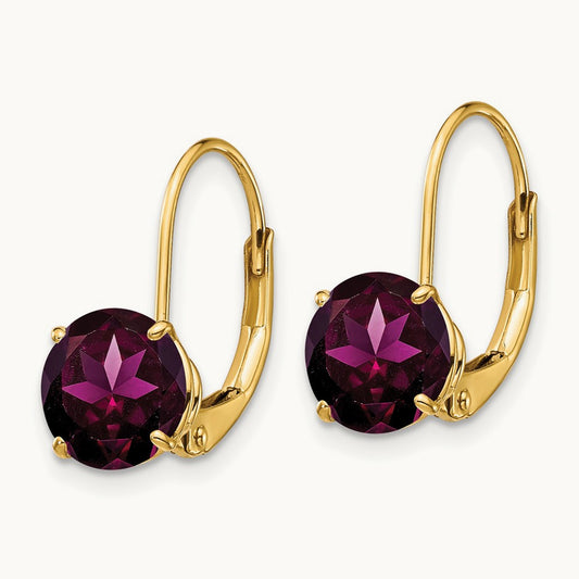 Rhodolite Garnet Leverback Earrings, 7mm, 14K