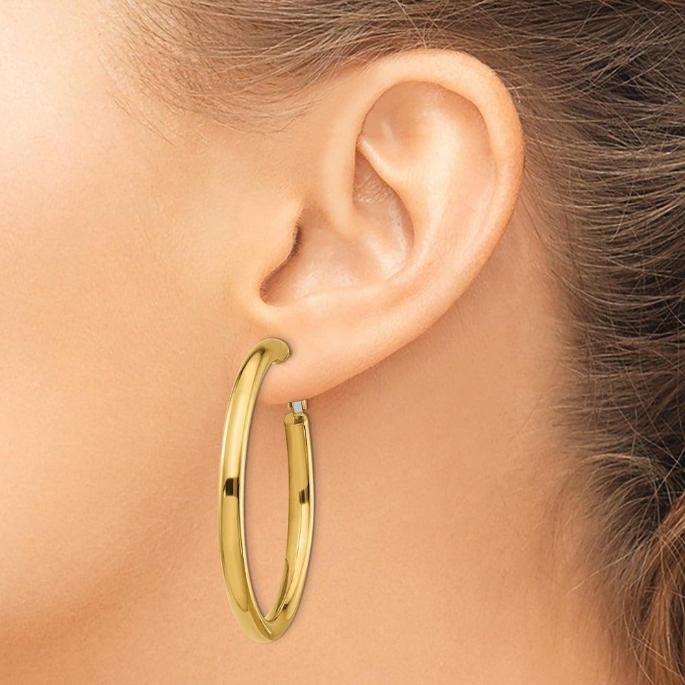 Polished Round Omega Back Hoop Earrings — 14K Yellow Gold, 4x50mm