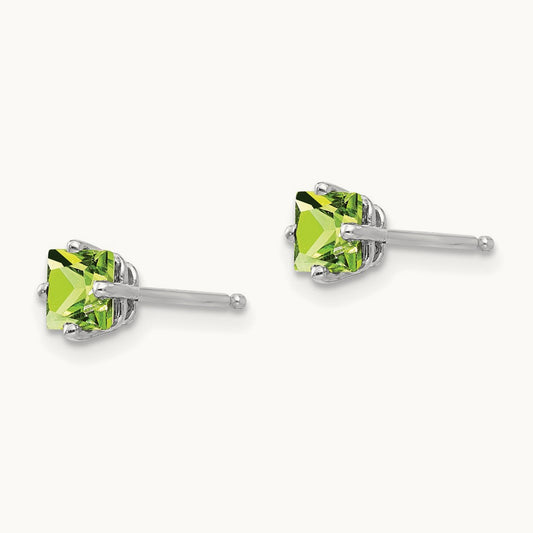 Square Step Cut Peridot Earrings, 4mm, 14K White Gold