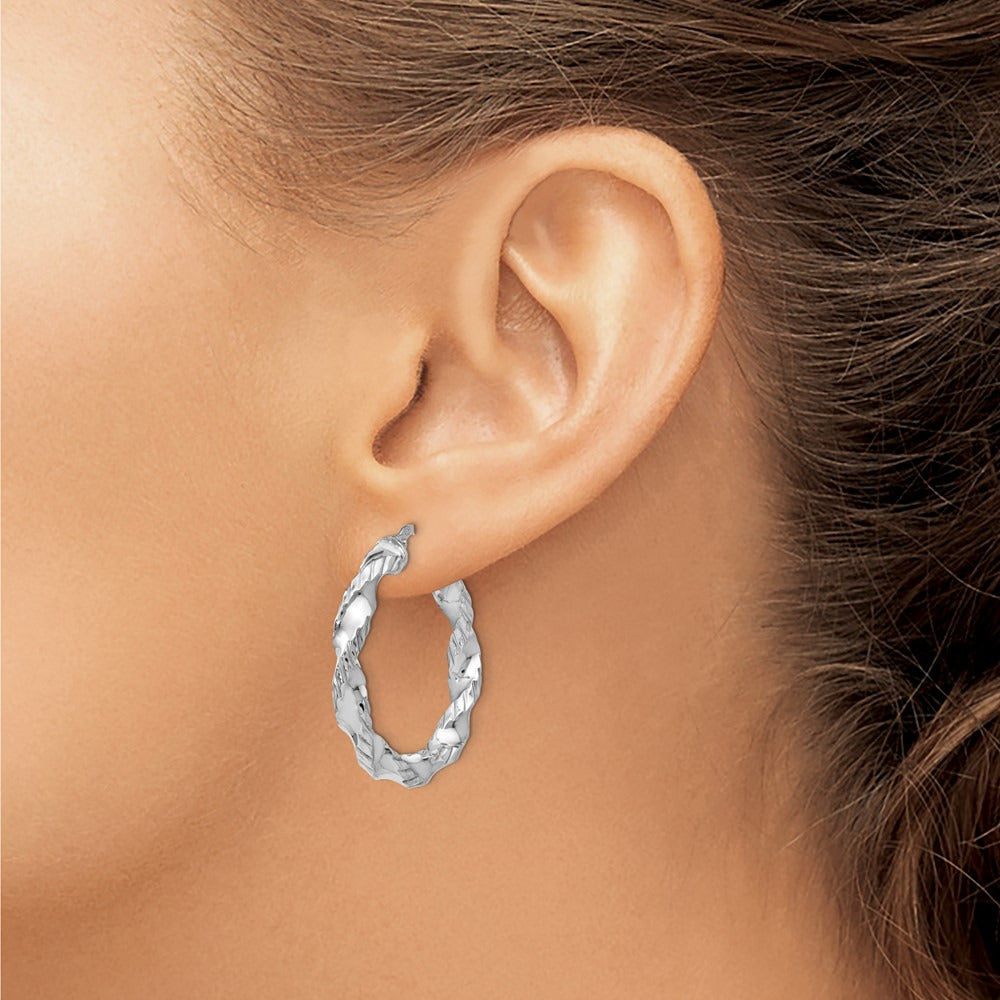 Rhodium-plated Polished Twisted Hinged Hoop Earrings — 29mm