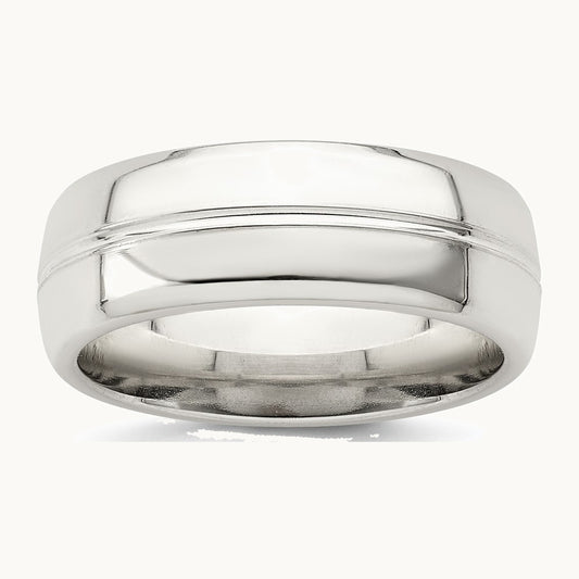 Sterling Silver 7mm Polished Domed Grooved Fancy Band