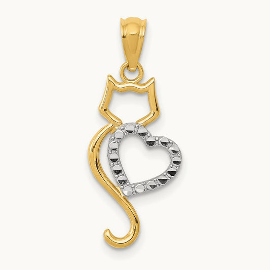 Rhodium-Plated Polished Cat w/Heart Pendant, 14K