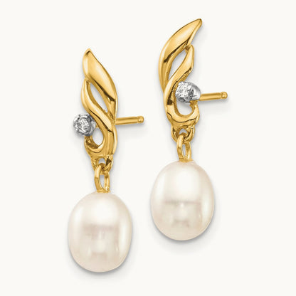 5- White Rice FW Cultured Pearl .02ct Diamond Dangle Earrings, 6mm, 14K