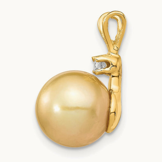 9- Golden Saltwater Cultured South Sea Pearl .05ct Diamond Pendant, 10mm, 14K