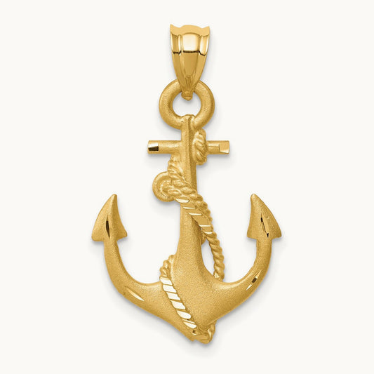 Brushed & Diamond-cut Anchor Pendant, 14K