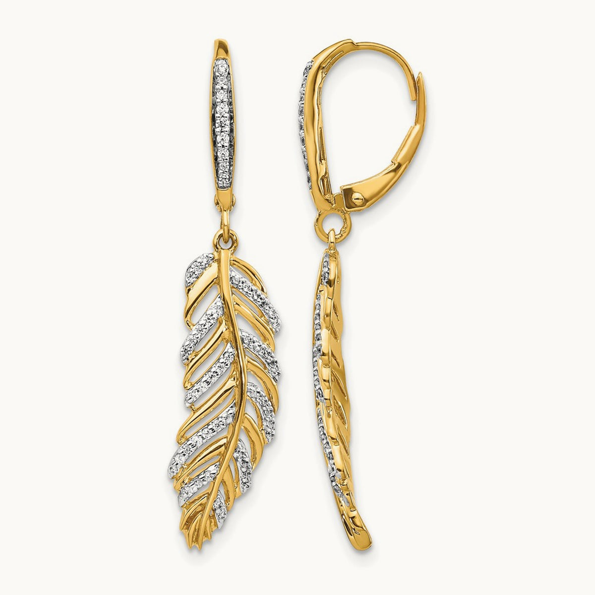 Diamond Fancy Feather Leverback Earrings, 14K