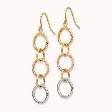 Tri-Color Diamond Cut Circle Dangle Earrings, 14K