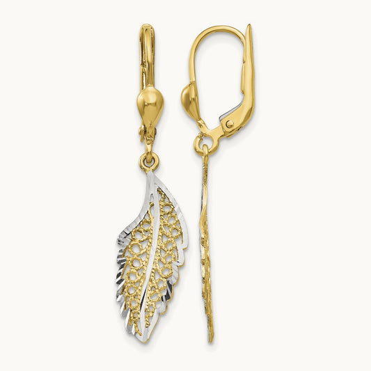 Polished and Textured Leaf Leverback Earrings, 14K with Rhodium