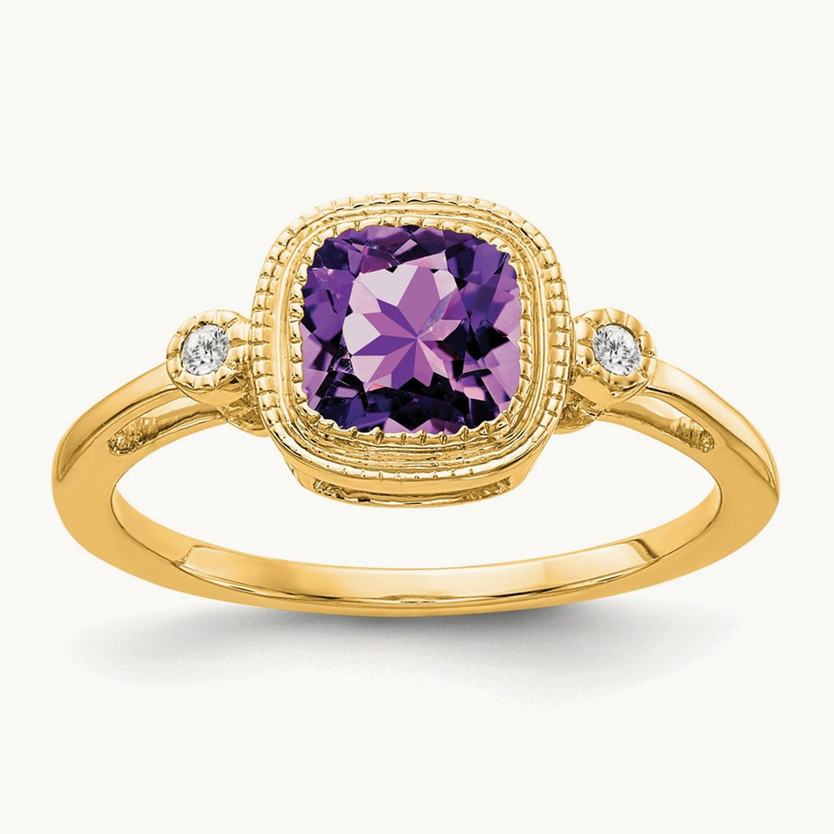 Cushion Amethyst and Diamond Ring — 14K Yellow Gold, 7