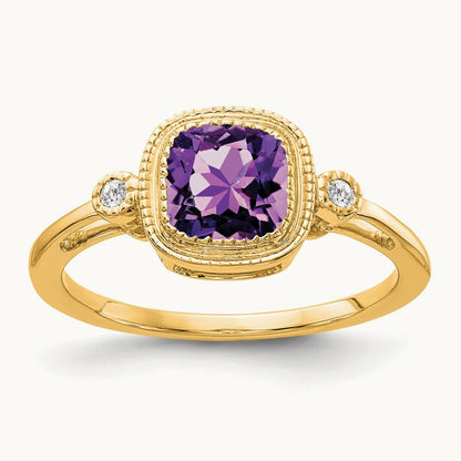 Cushion Amethyst and Diamond Ring — 14K Yellow Gold, 7