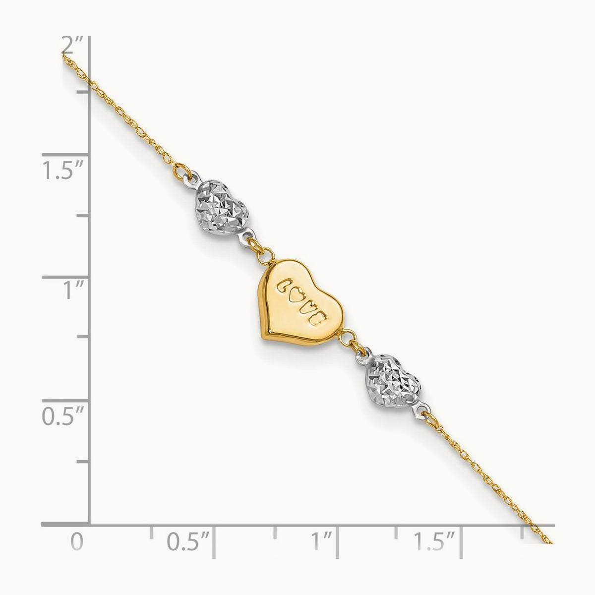 Diamond-cut Puffed Heart LOVE 9in Plus 1in ext Anklet, 14K Two-tone