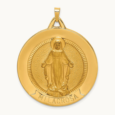 Solid Polished/Satin Large Raised Round Milagrosa Medal, 14K