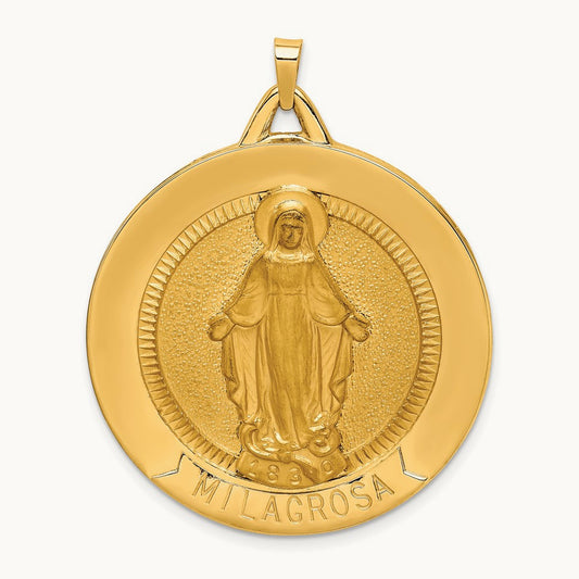 Solid Polished/Satin Large Raised Round Milagrosa Medal, 14K