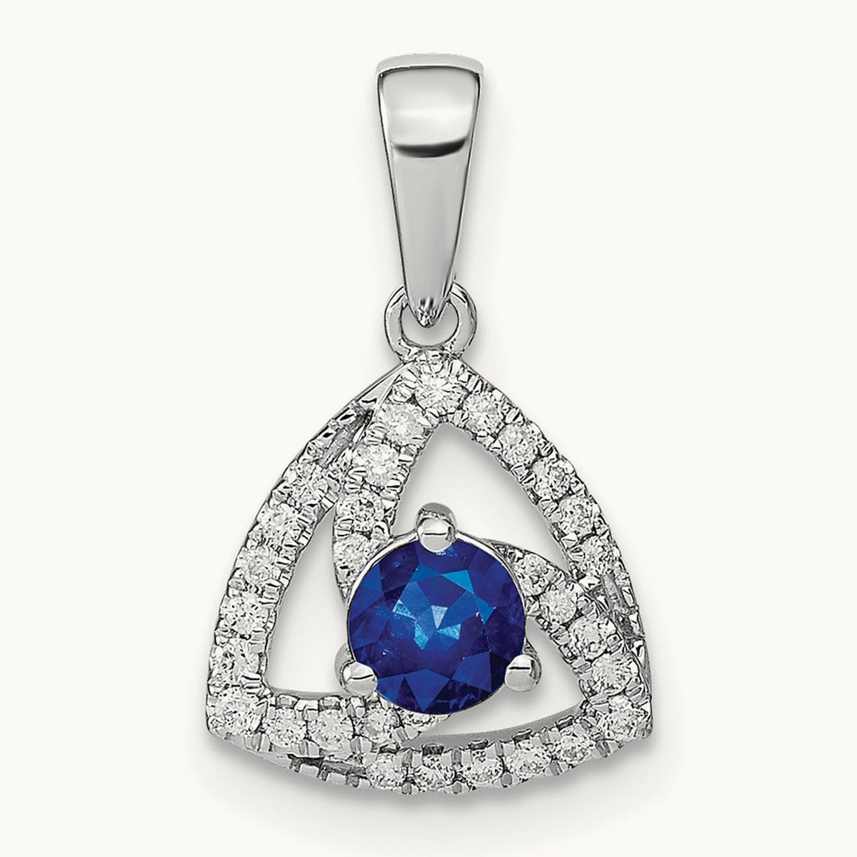 Diamond and Blue Sapphire Triangle Pendant, 14K White Gold