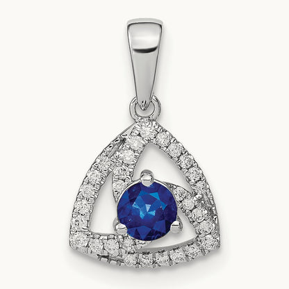 Diamond and Blue Sapphire Triangle Pendant, 14K White Gold