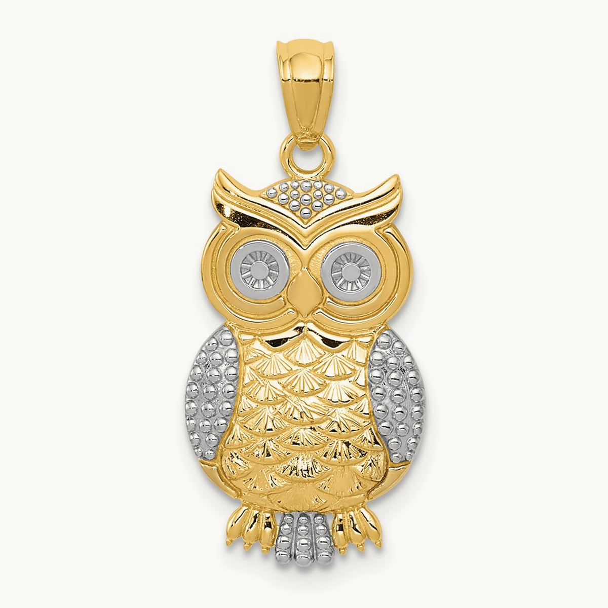 w/ Rhodium Polished / Textured Owl Pendant, 14K
