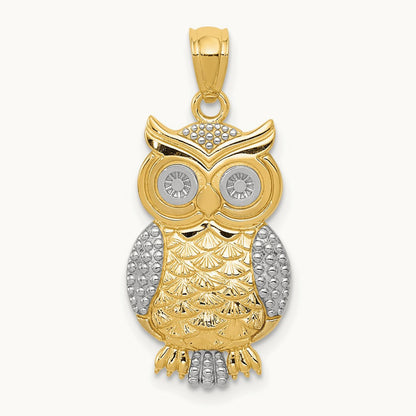 w/ Rhodium Polished / Textured Owl Pendant, 14K