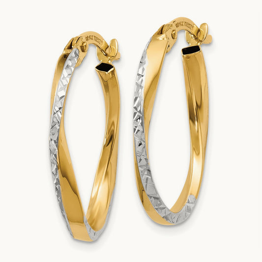 w/White Rhodium Textured and Polished Oval Hoop Earrings, 14K