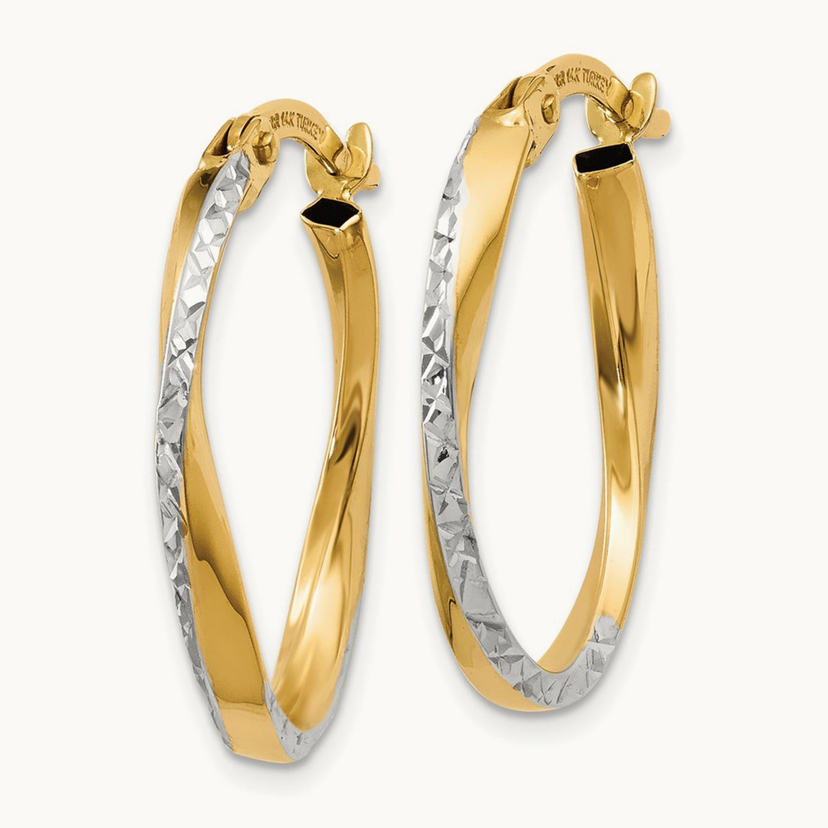 w/White Rhodium Textured and Polished Oval Hoop Earrings, 14K