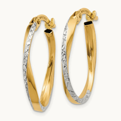 w/White Rhodium Textured and Polished Oval Hoop Earrings, 14K