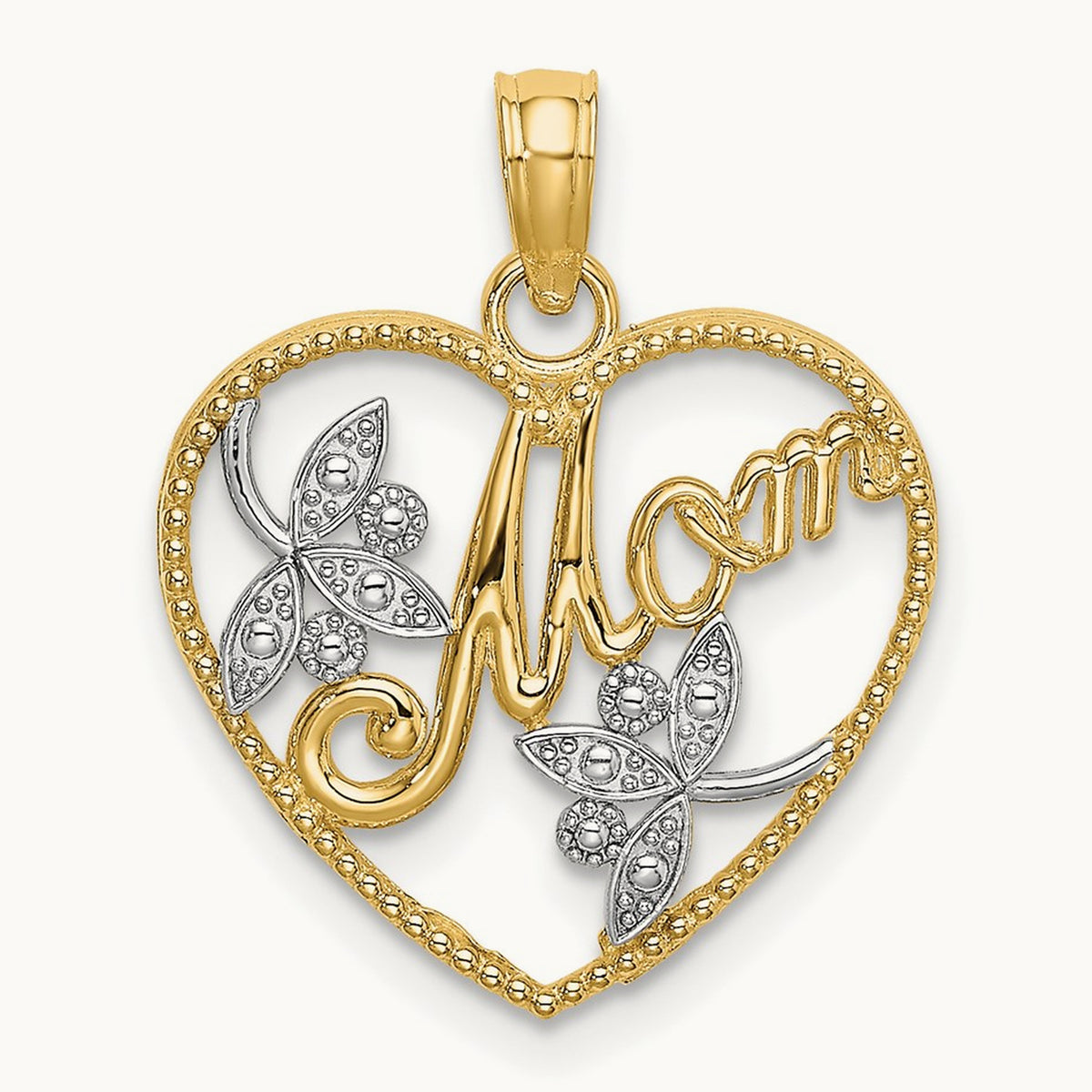 w/ Rhodium Textured Heart w/ MOM Charm, 14K