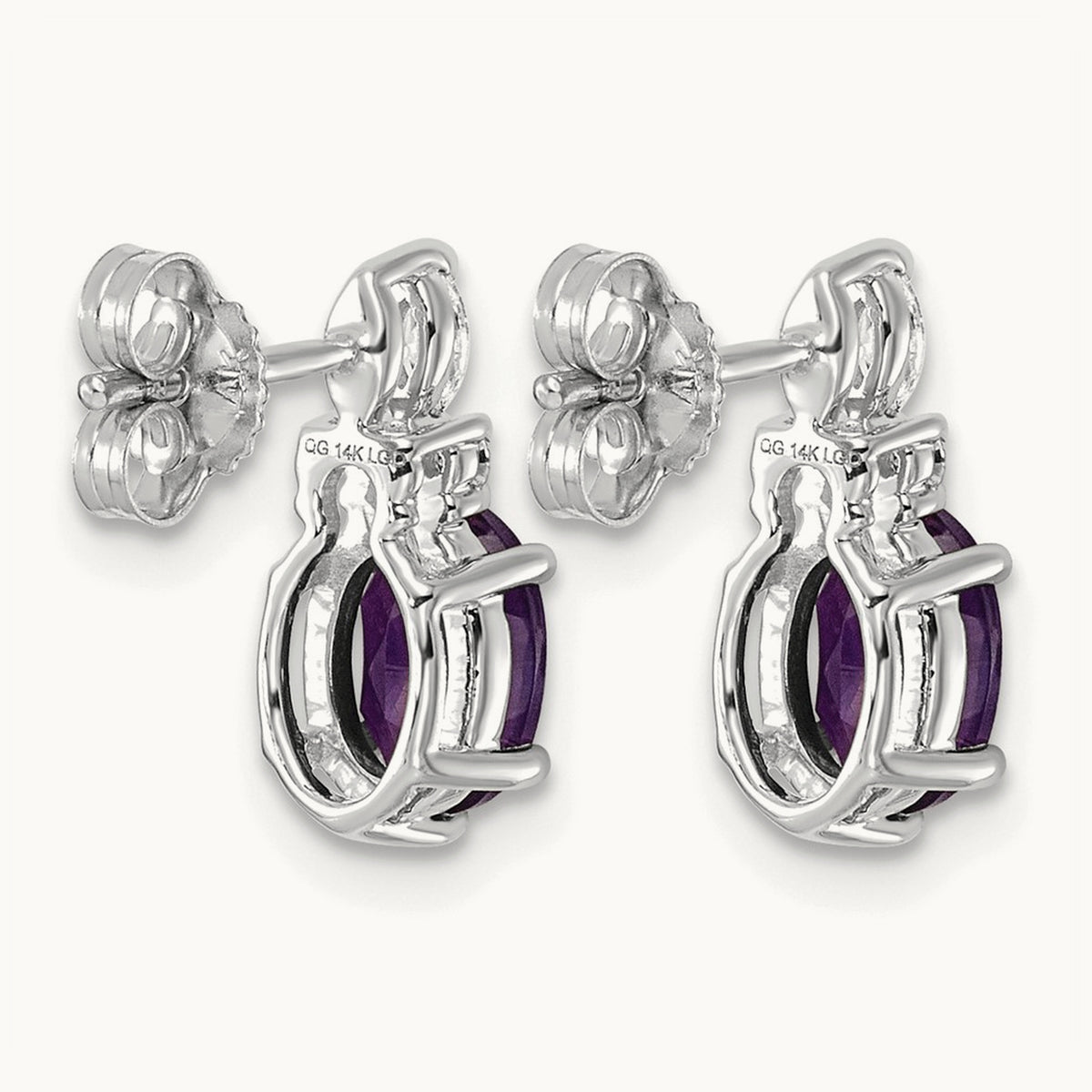 Diamond and Amethyst Post Earrings — 14K White Gold