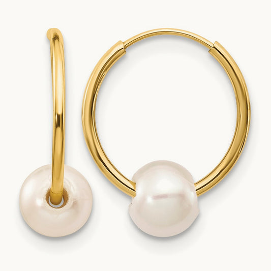 5- White Semi-round Freshwater Cultured Pearl Endless Hoop Earrings, 6mm, 14K