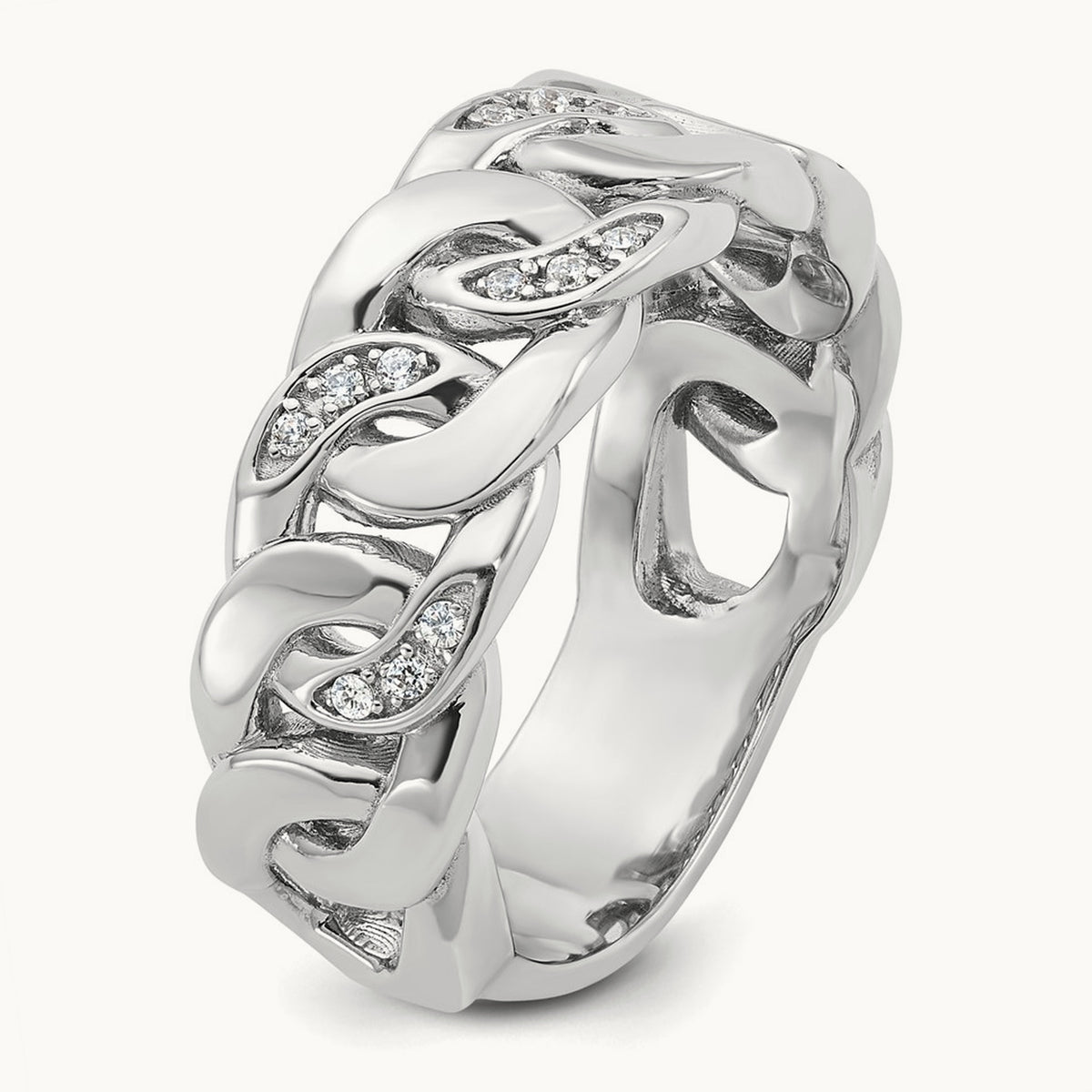 Men's Cuban Link Design Diamond Complete Ring — 14K White Gold