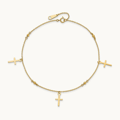 Polished and Diamond-cut Cross 9in Plus 1in extension Anklet — 14K Yellow Gold