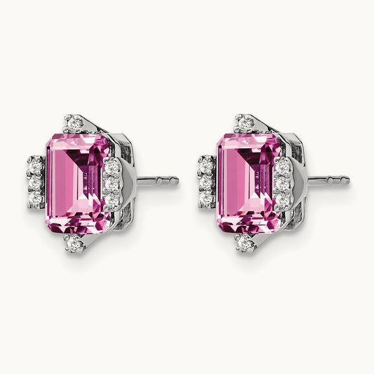 Emerald-shape Creat. Pink Sapphire/Diamond Earrings, 14K White Gold