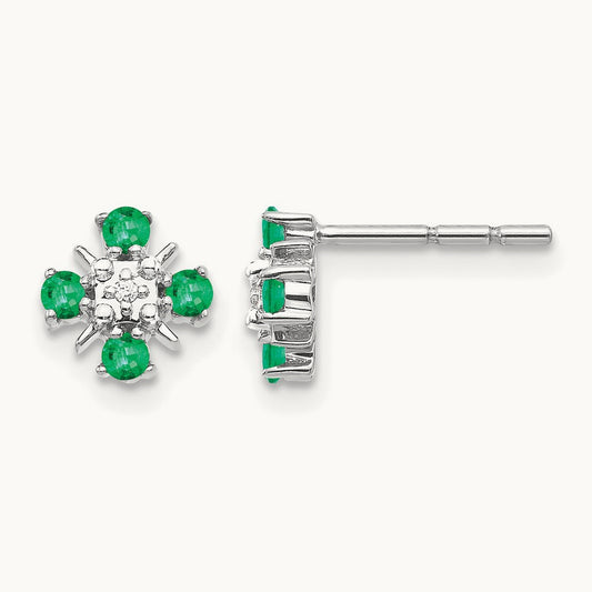 Emerald and Diamond Post Earrings — 14K White Gold