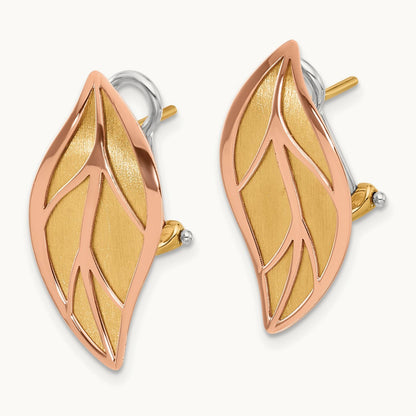 Polished / Brushed Leaf Omega Back Earrings, 14K Two-tone Rose with Yellow