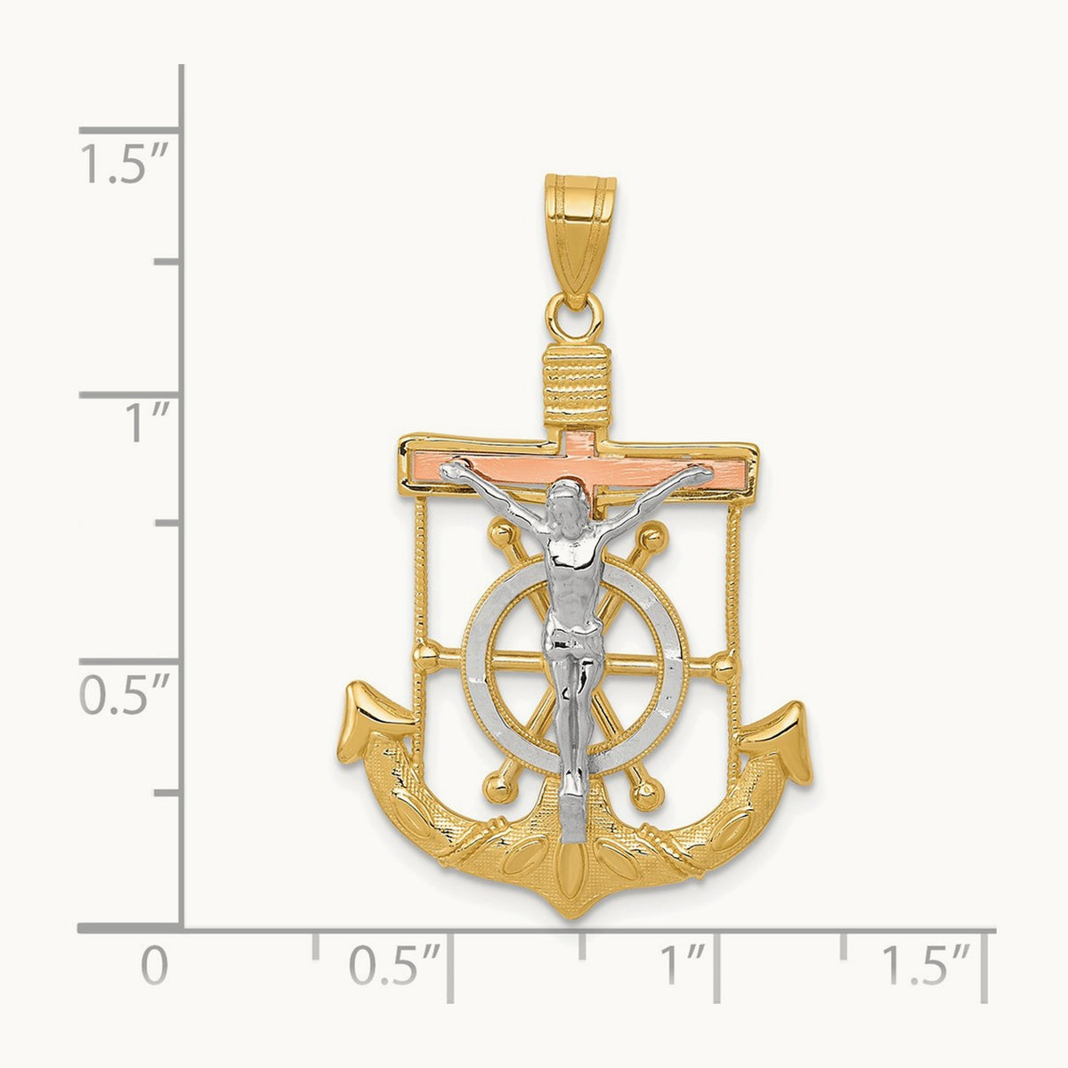 Tri-color Diamond-cut with Textured Mariner's Crucifix Pendant — 35mm