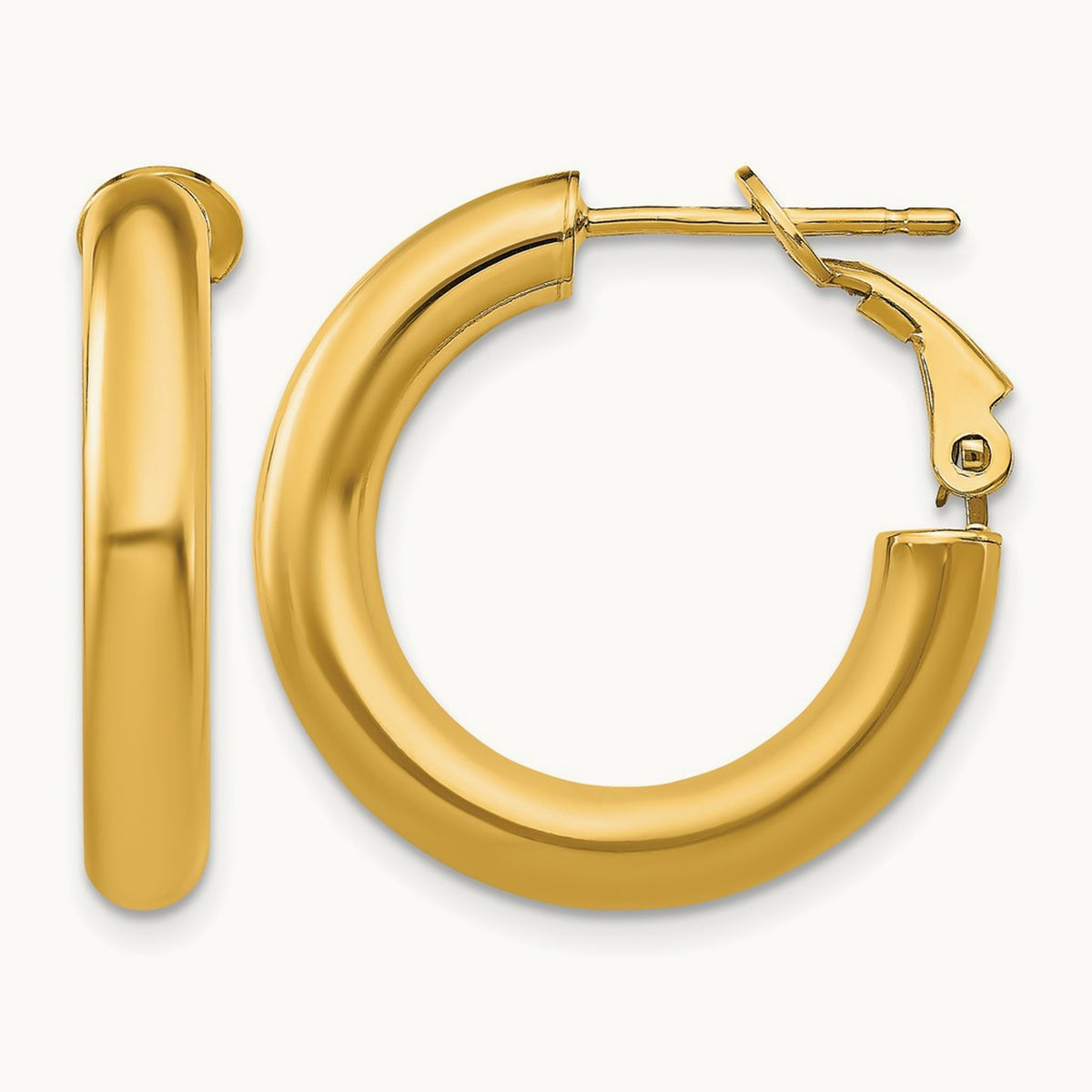 Polished Round Omega Back Hoop Earrings — 14K Yellow Gold, 4x23mm
