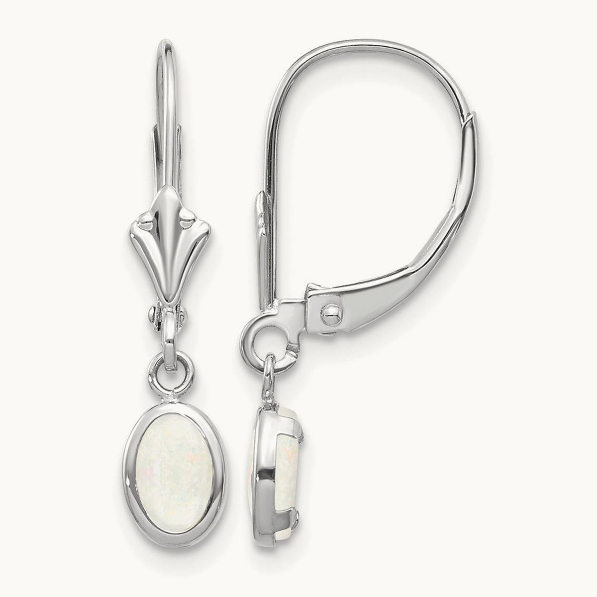 6x4 Oval Bezel October/Opal Leverback Earrings — 14K White Gold