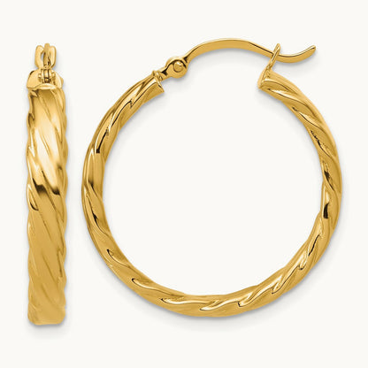Patterned Hoop Earrings, 3.25mm, 14K