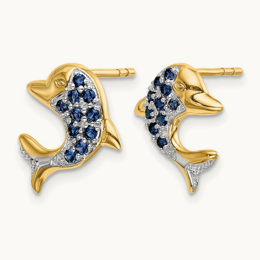 w/Rhodium Sapphire/Diamond Dolphin Post Earrings, 14K