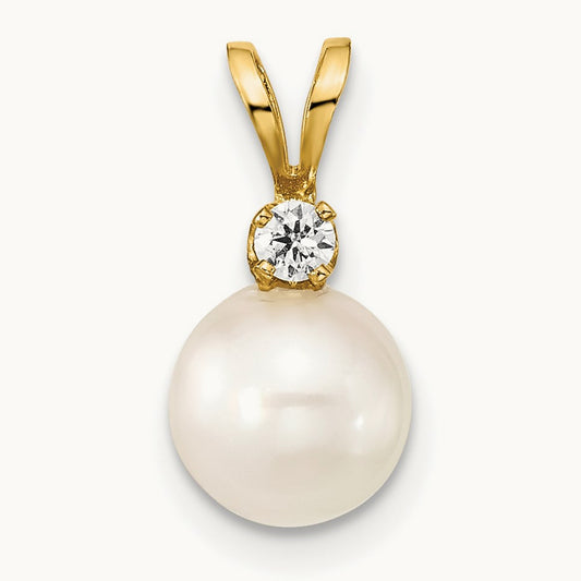 7- Round White Saltwater Akoya Cultured Pearl Diamond Pendant, 8mm, 14K