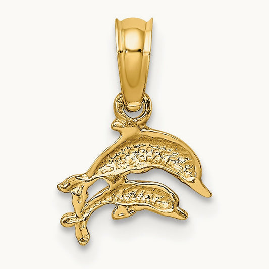 2-D Mini Double Dolphins Swimming Charm, 14K