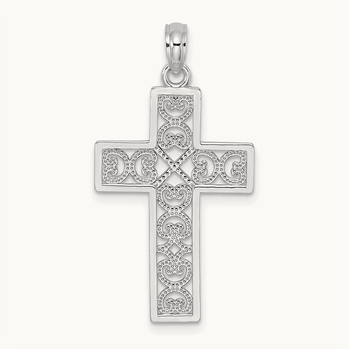 Polished Square Cross with Heart Design Charm — 14K White Gold
