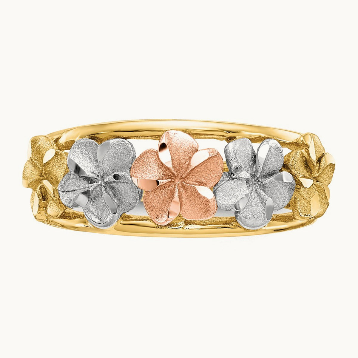 & Rhodium Satin/Polished D/C Flower Ring, 14K Two-tone