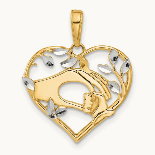 D/C Mother and Child Hands in Heart Pendant, 14K with White Rhodium