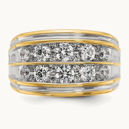 w/ White RH IBGoodman Men's Polish/Grooved 2-Row Dia Ring, 14K