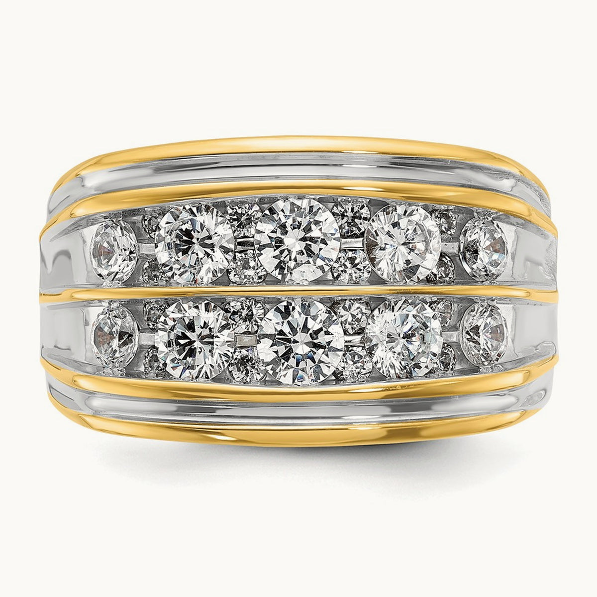 w/ White RH IBGoodman Men's Polish/Grooved 2-Row Dia Ring, 14K