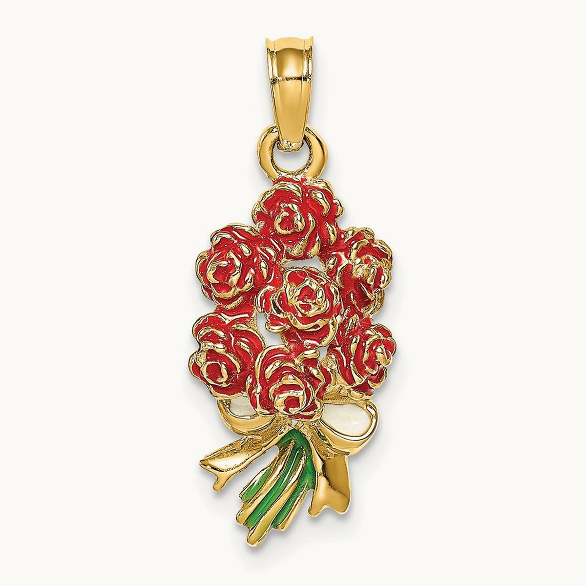 Enameled Bouquet of Red Roses, 14K