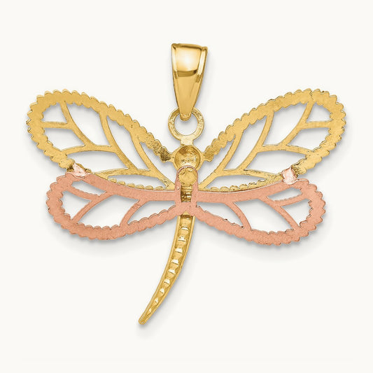 Rhodium Dragonfly w/Beaded Diamond-cut Wings Charm, 14K Two-tone White