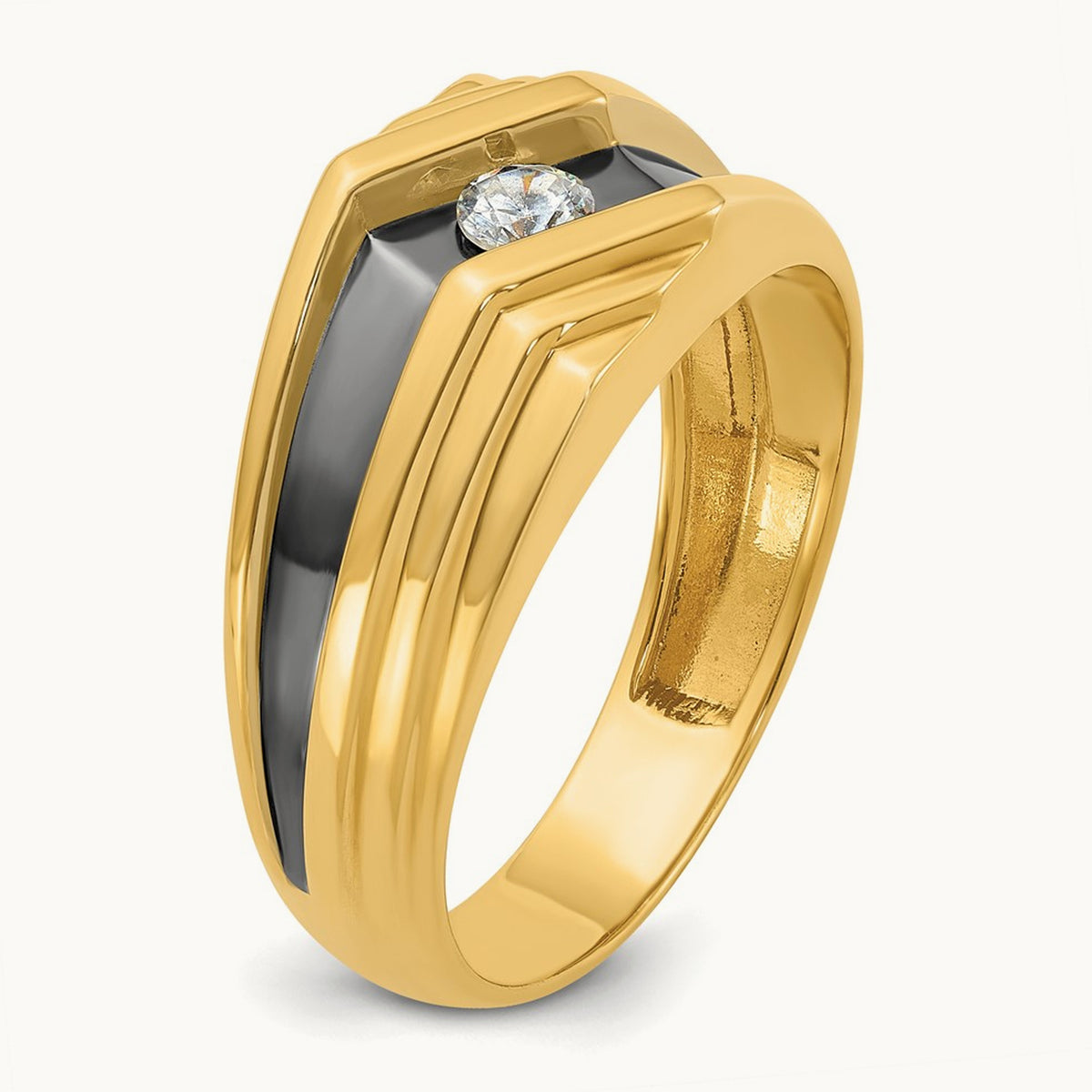 w/ Black RH IBGoodman Men's Polished & Grooved Diamond Ring, 14K
