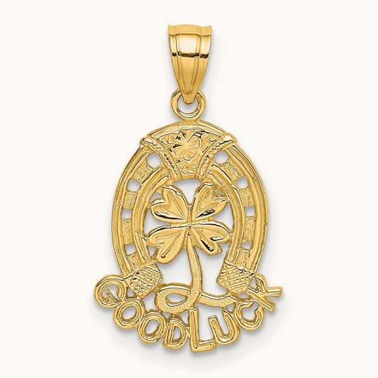GOOD LUCK Horseshoe and Clover Charm, 14K